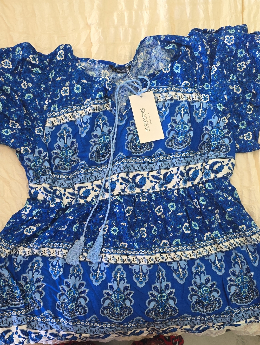 BloomChic Girls' Royal Blue & White Floral Tassel Dress